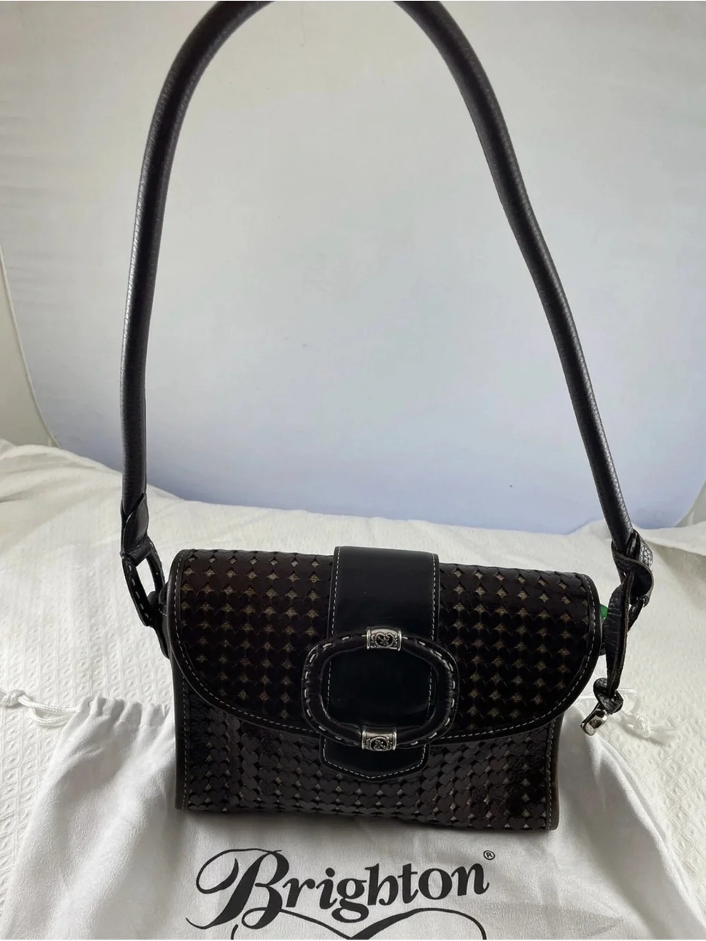 Brighton East West Leather Heart cut out woven Crossbody Bag - Dark Brown